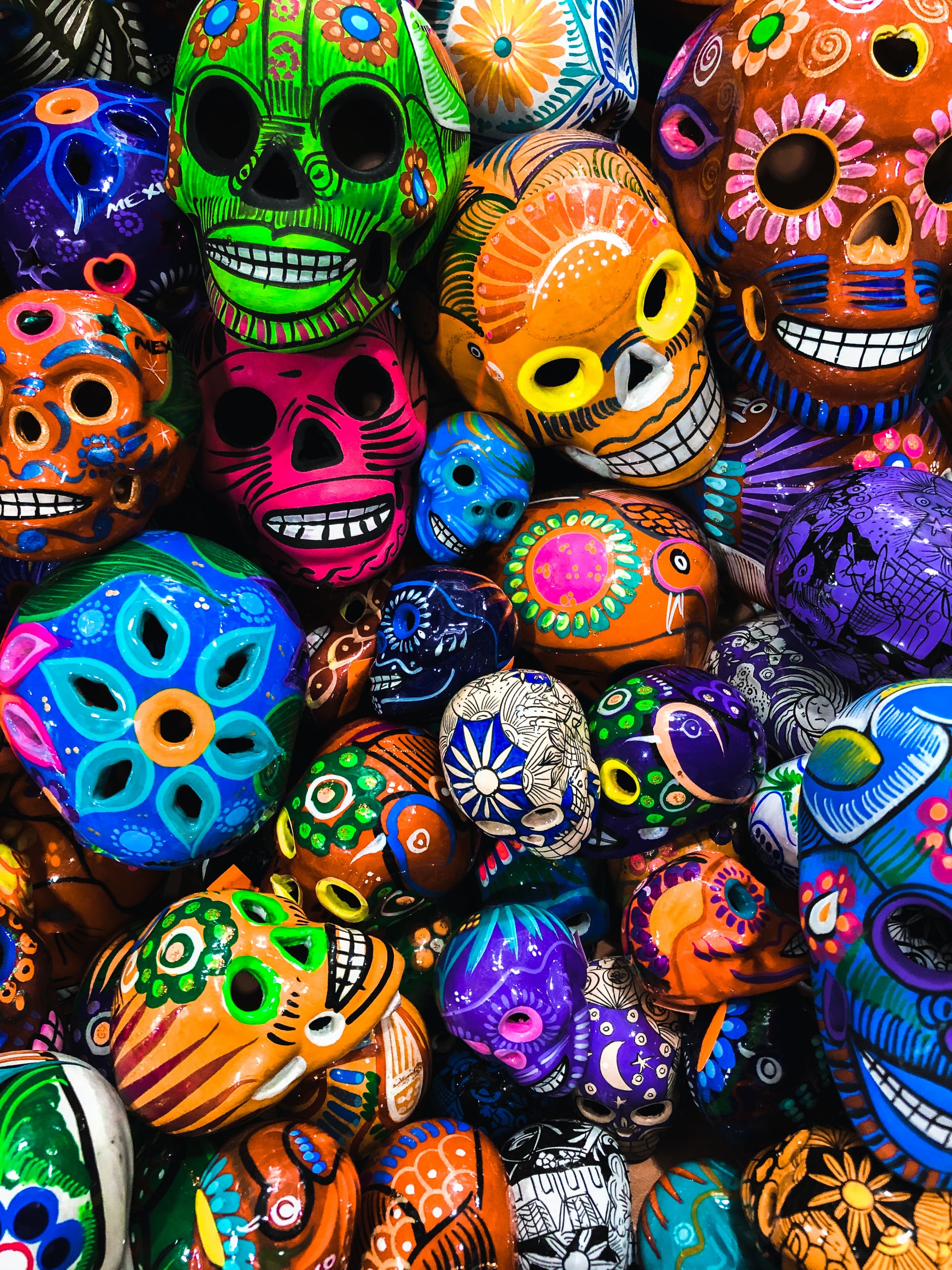 Close up of colourful Mexican skull ornaments
