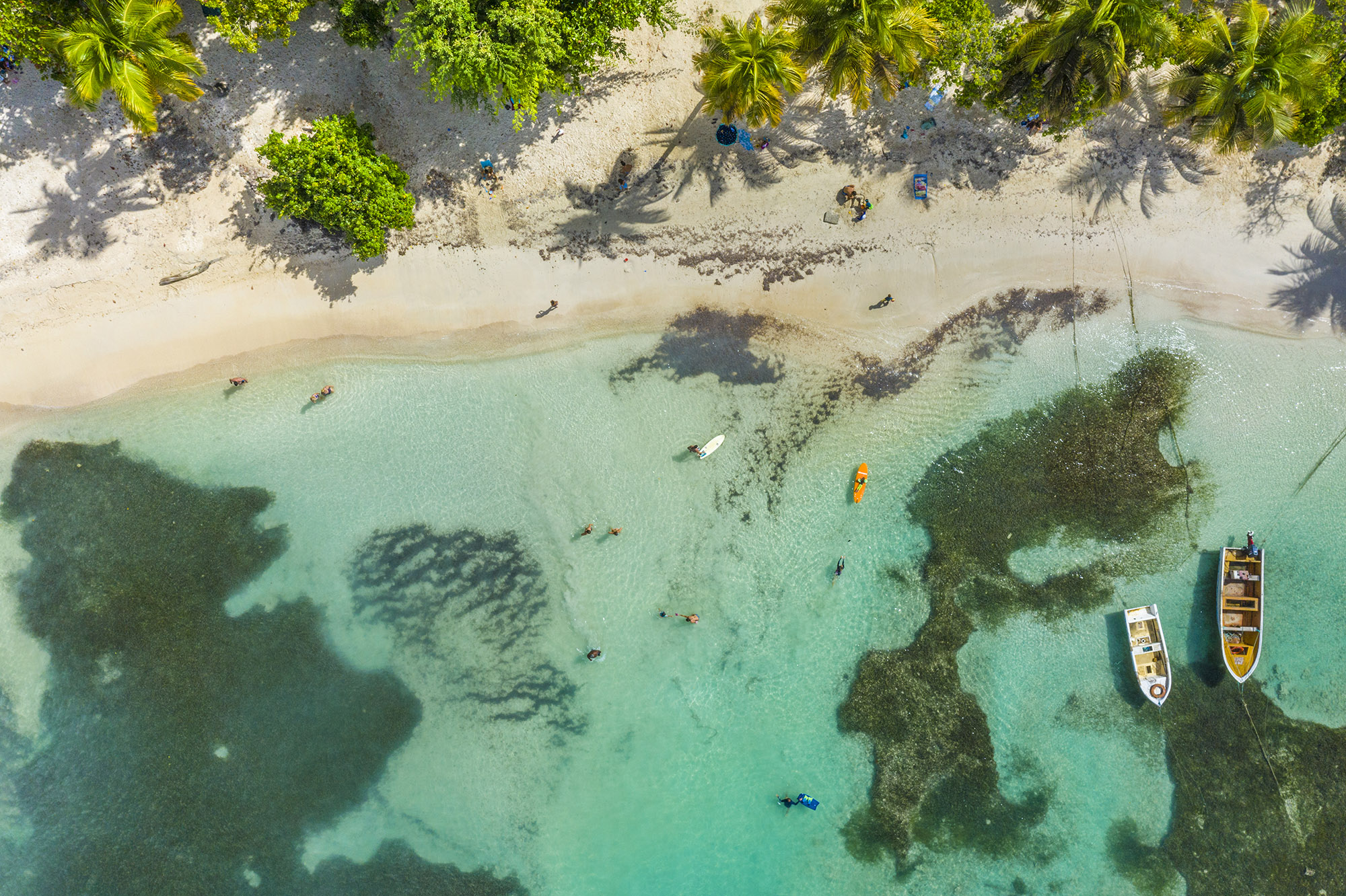 Aerial view of people swimming in a clear blue sea next to a natural white sand beach