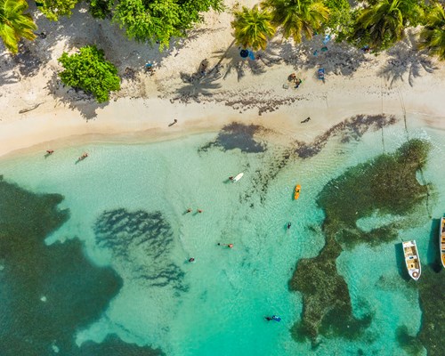 Aerial view of people swimming in a clear blue sea next to a natural white sand beach
