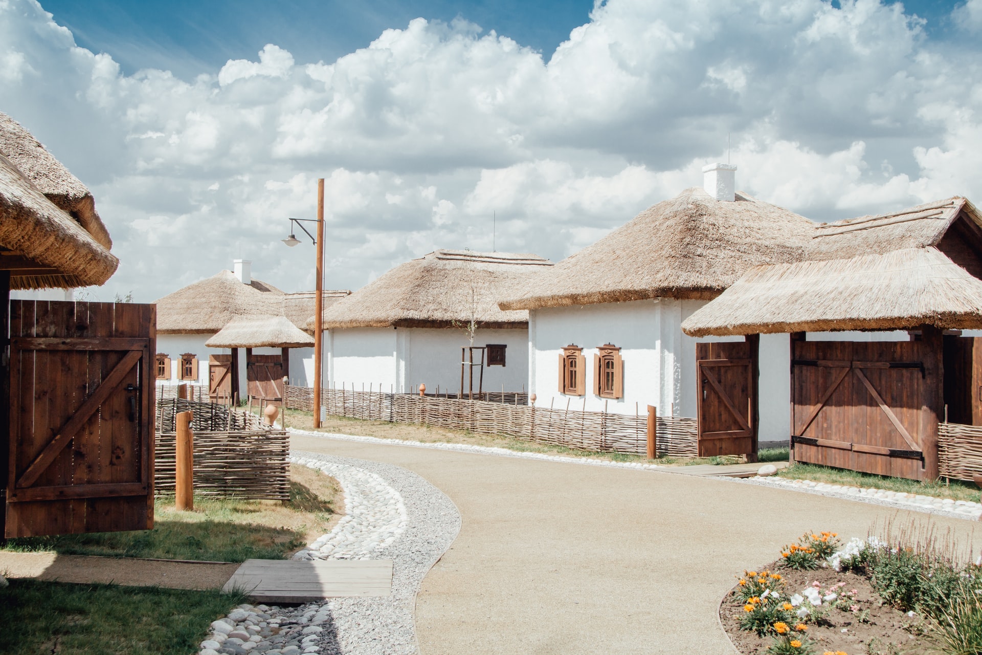 White buildings of wooden frames in a village 