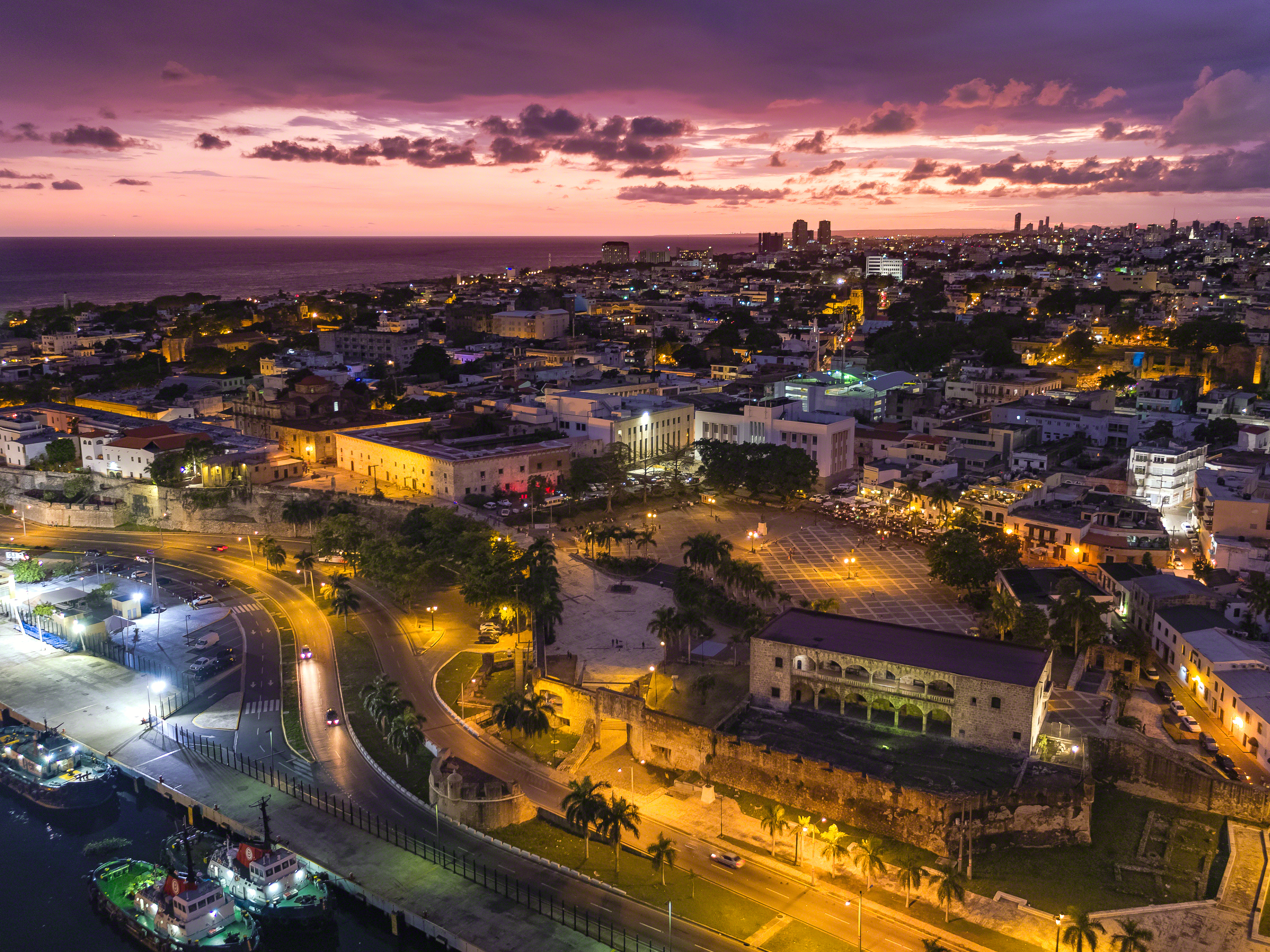 Santo Domingo city centre lit up at night