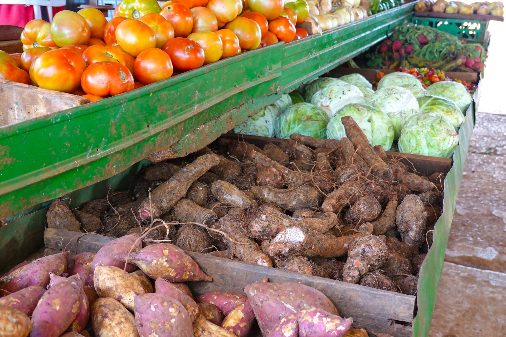 Boxes of fruit and vegetables at a market