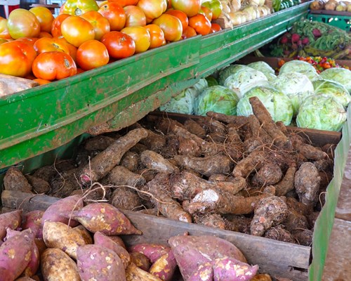Boxes of fruit and vegetables at a market