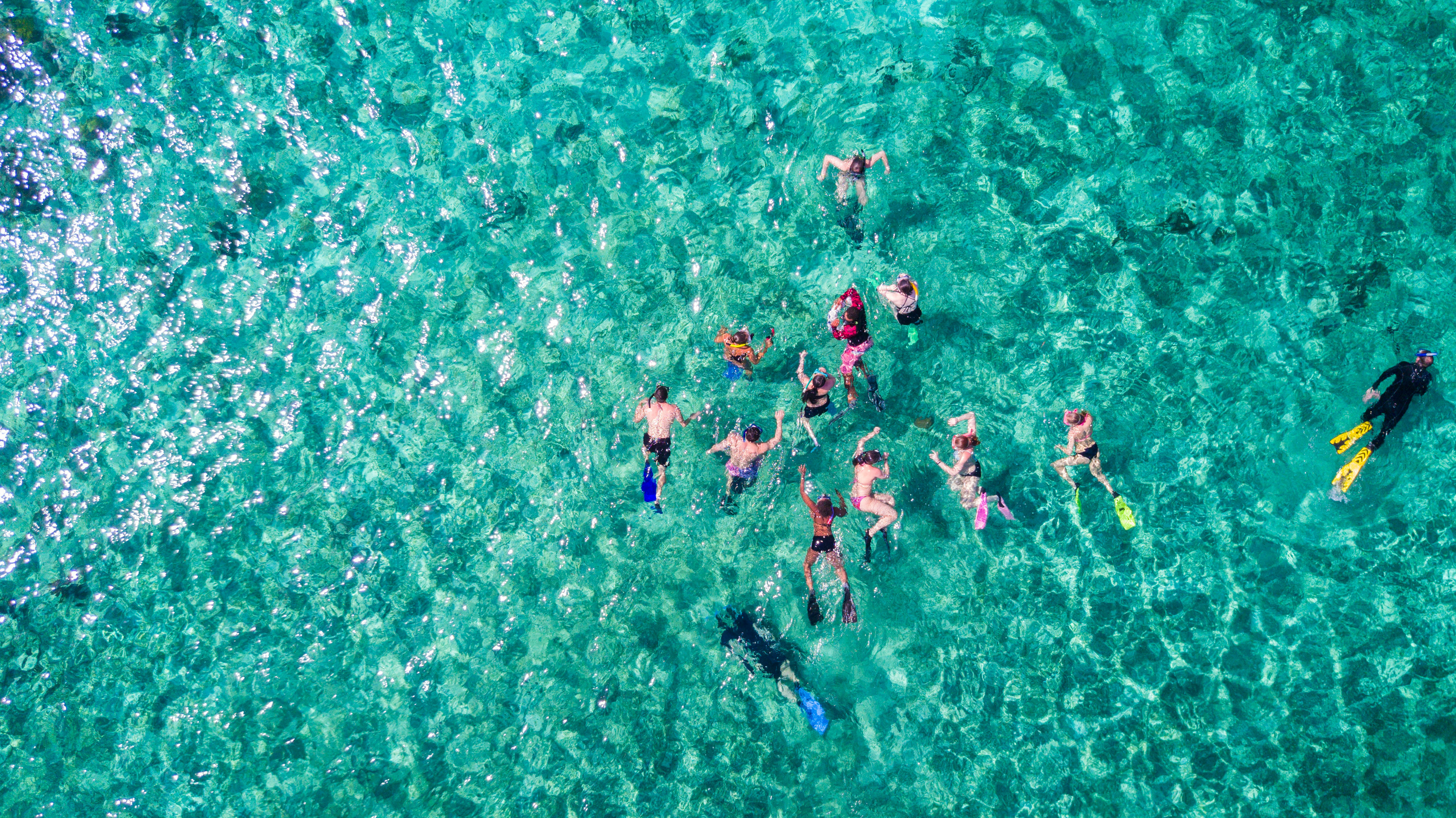 Aerial view of people snorkelling in tropical blue sea