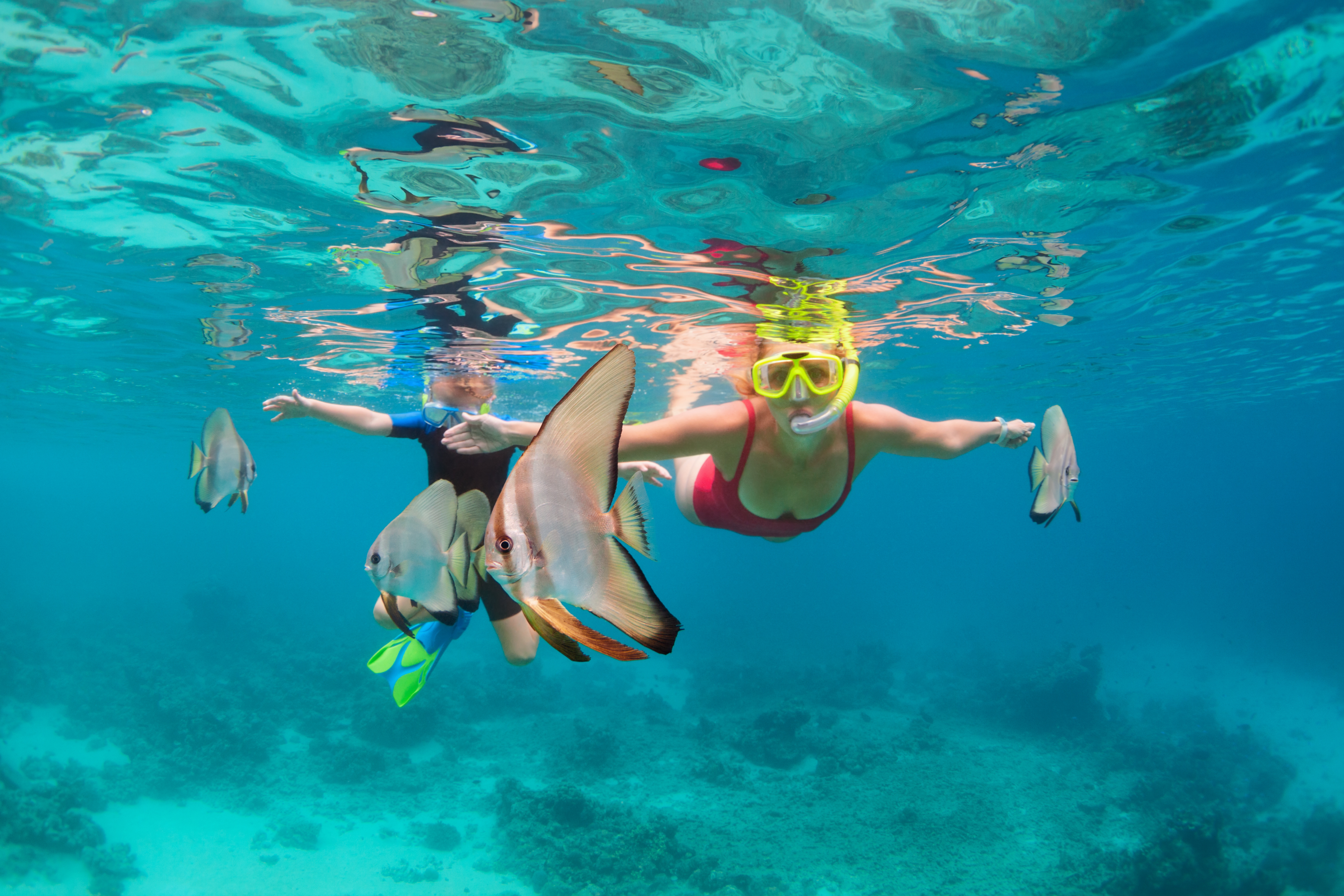 Mother and kid snorkelling with tropical fish