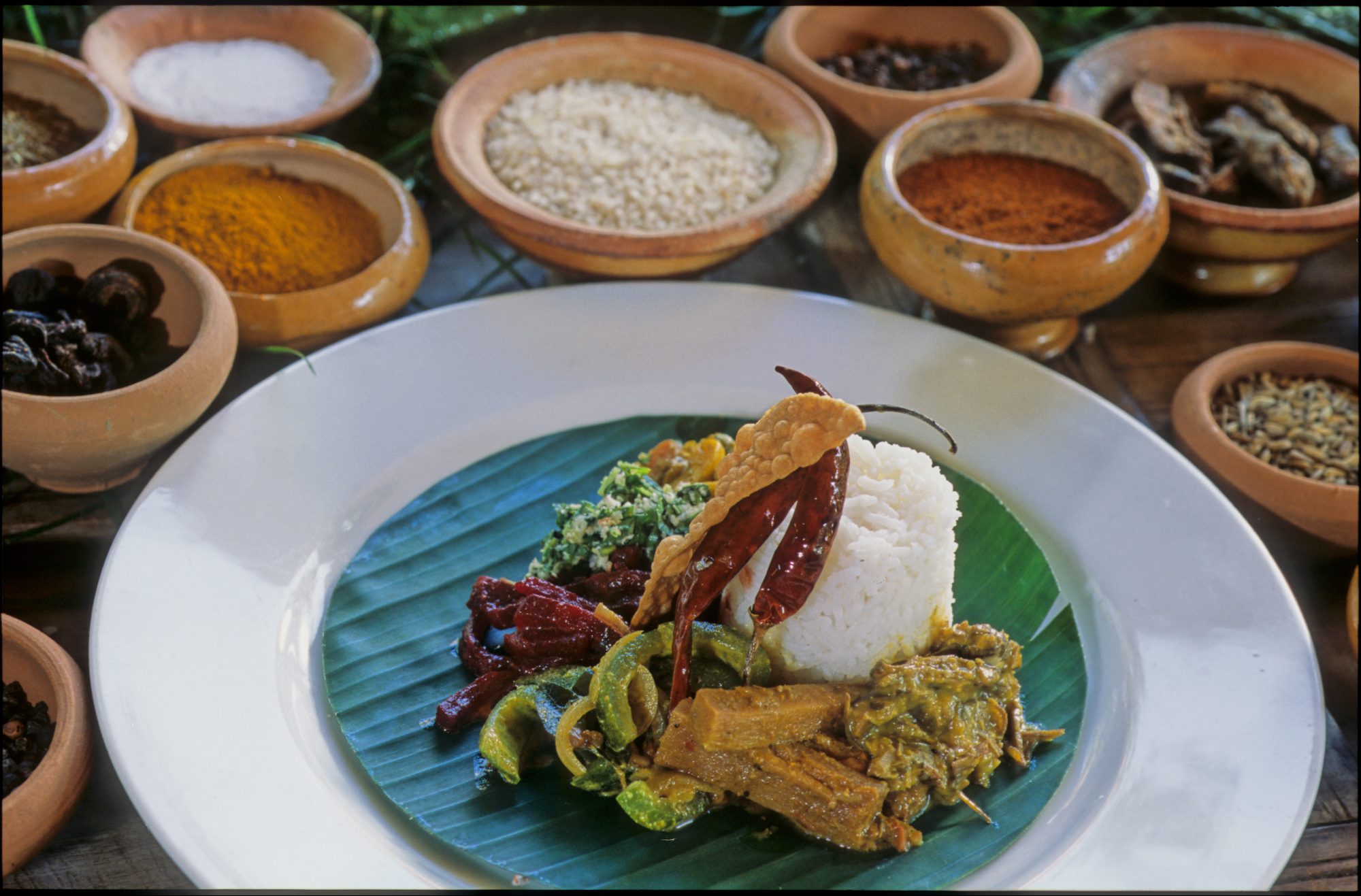 Gourmet food on blue and white dish with ceramic bowels of spices around the edge - Colombo