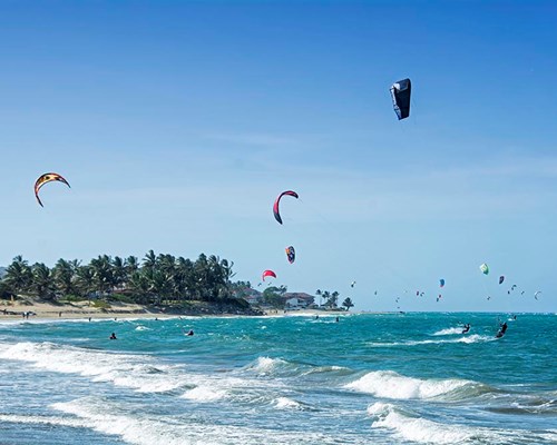 Lots of people kite surfing at a windy beach in the Caribbean