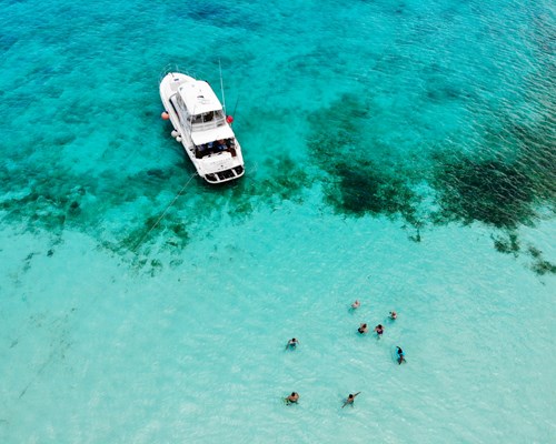 Aerial view of people swimming in shallow tropical sea near a white boat