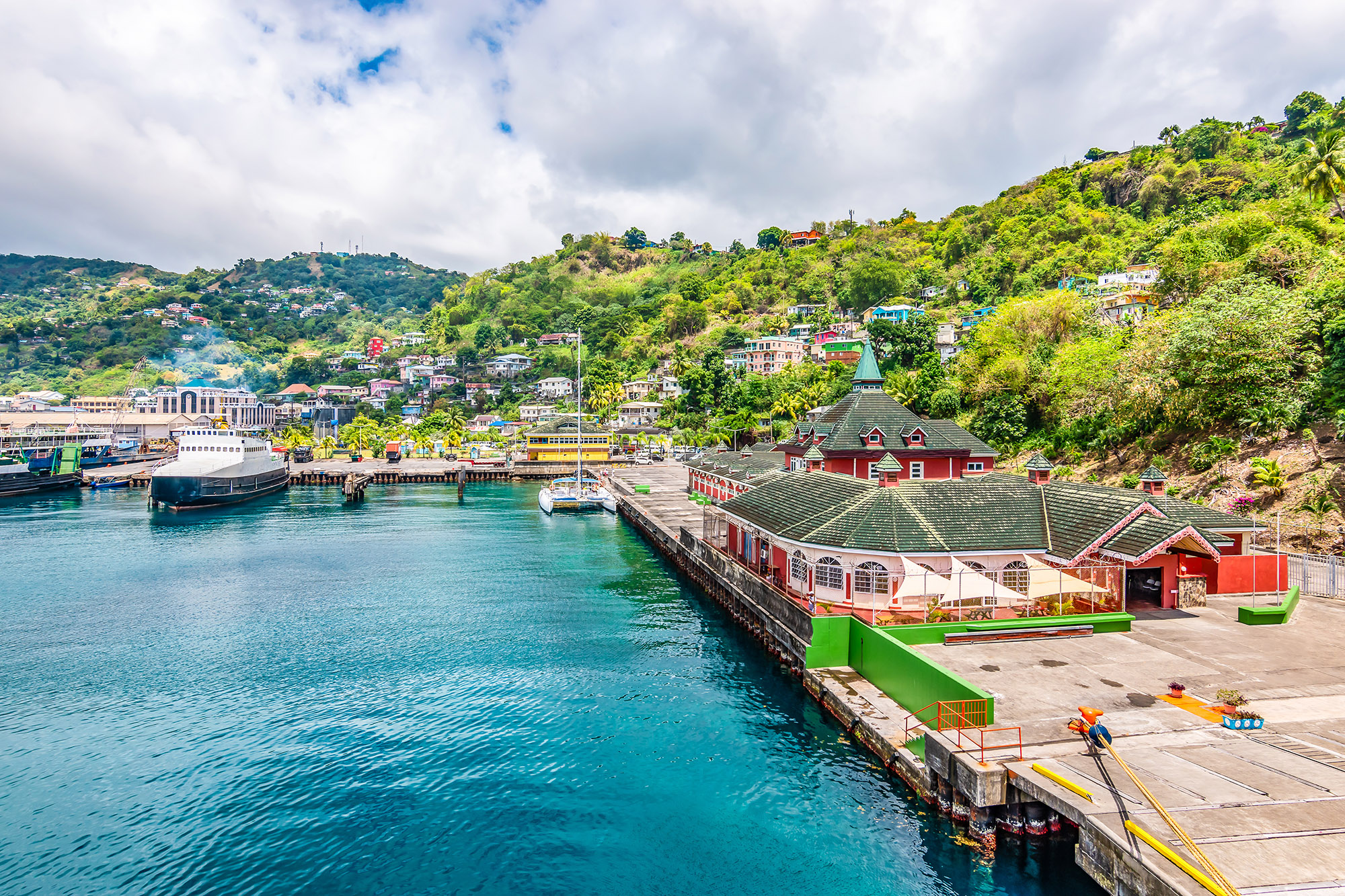 Colourful buildings by the sea in port of Kingstown 