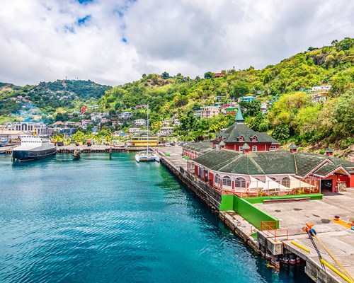 Colourful buildings by the sea in port of Kingstown