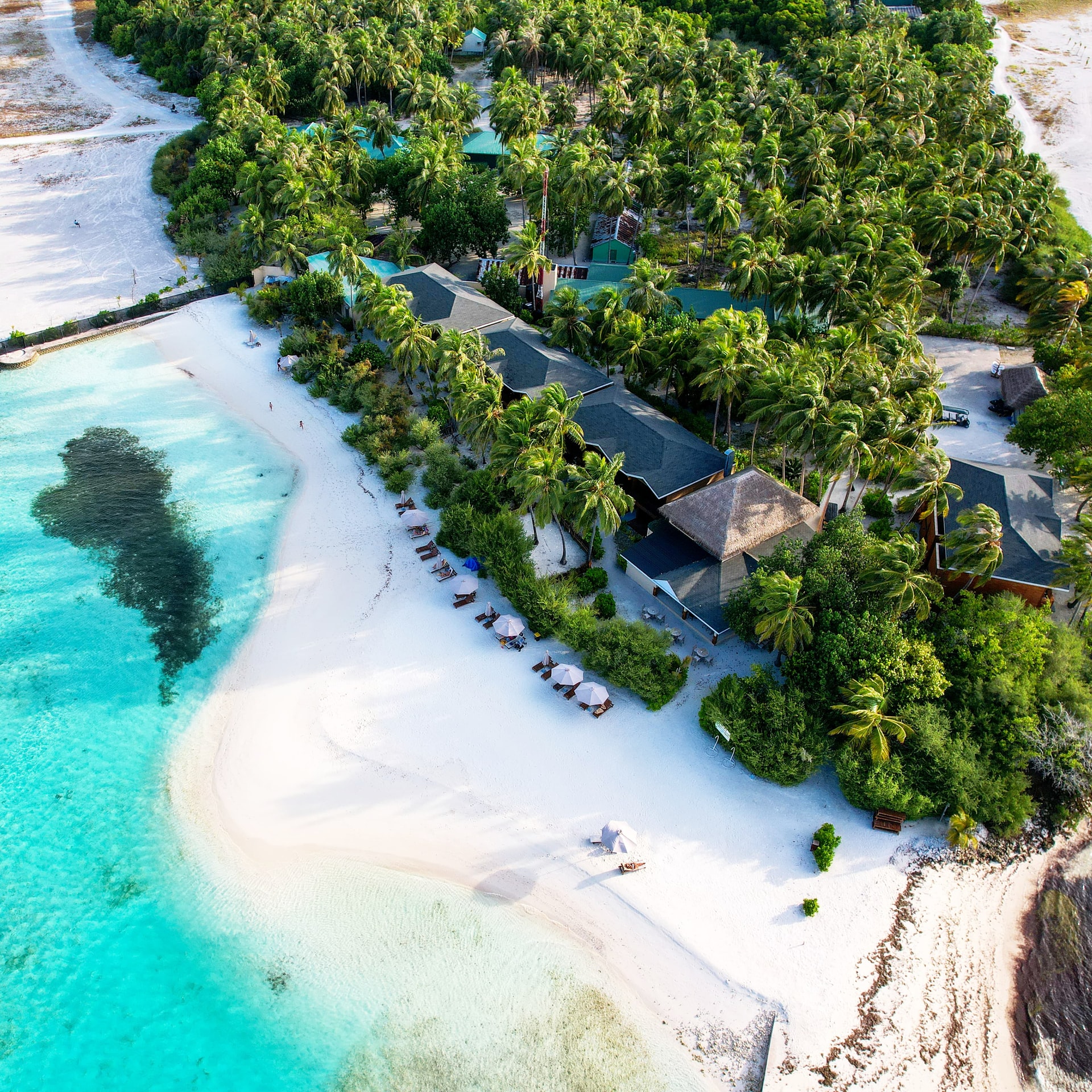 Aerial view of buildings near white sand beach backed by jungle