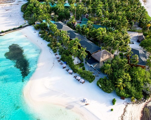 Aerial view of buildings near white sand beach backed by jungle