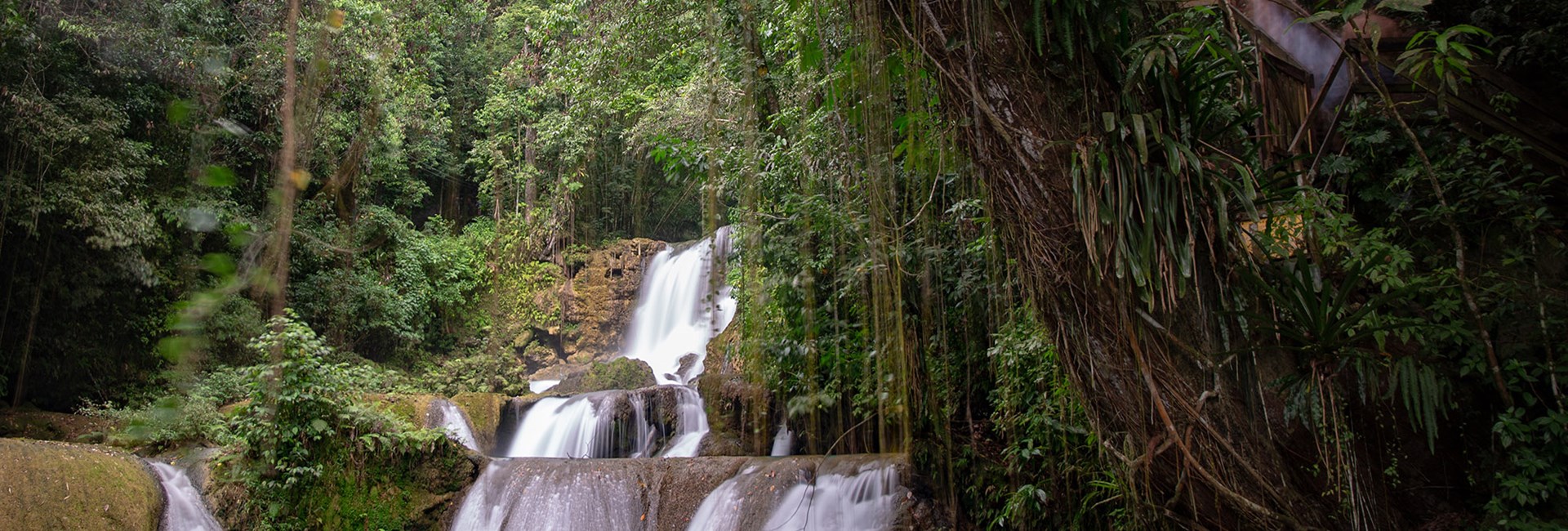 Cascading waterfall over rocks in the middle of the jungle