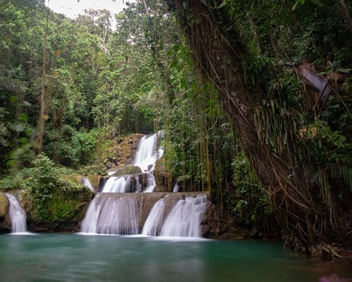 Cascading waterfall over rocks in the middle of the jungle