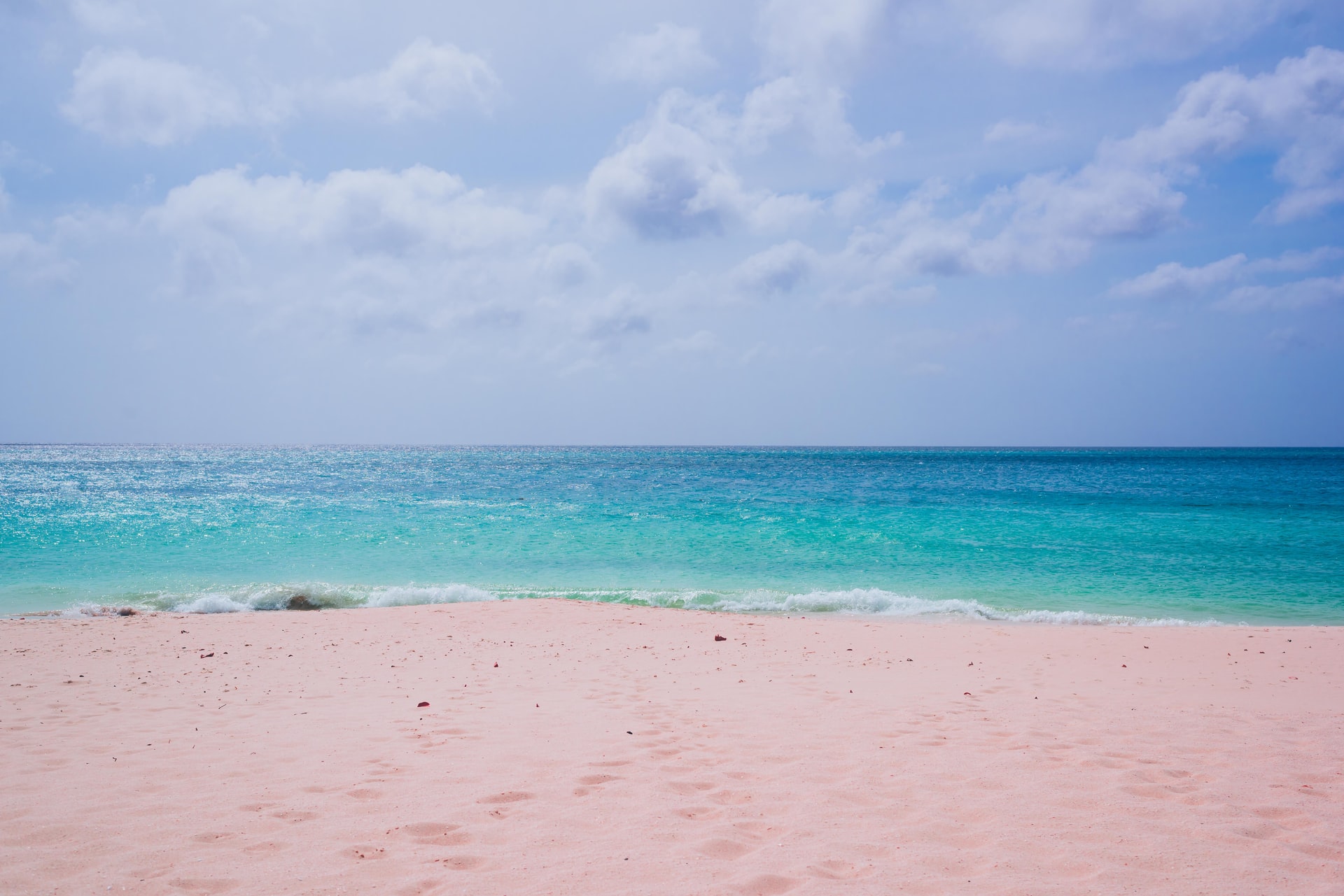 Aerial view of tall palms and sun umbrellas lined up along a tropical beach and people swimming in the sea 