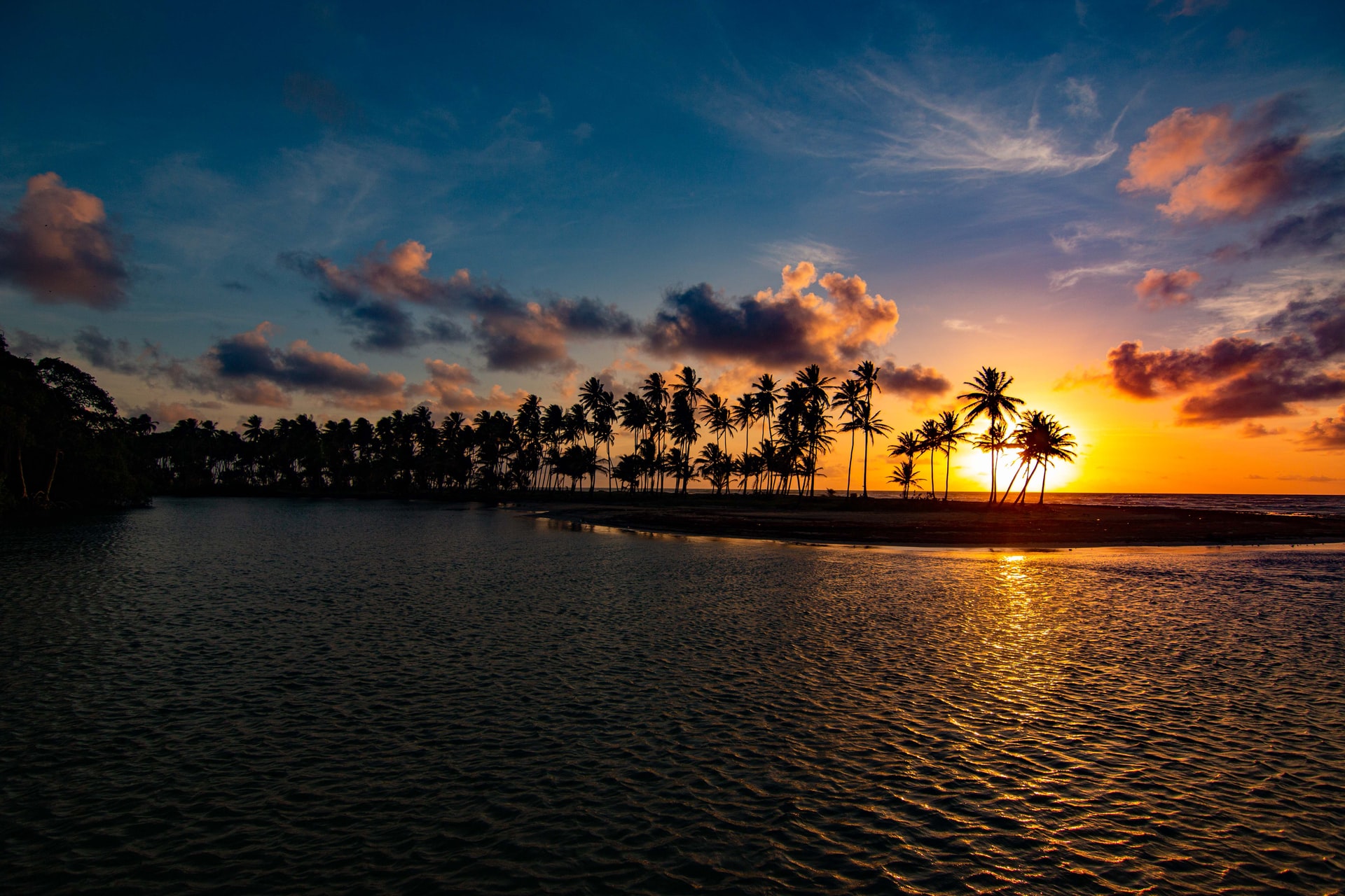 Sunset behind palm trees on a tropical beach
