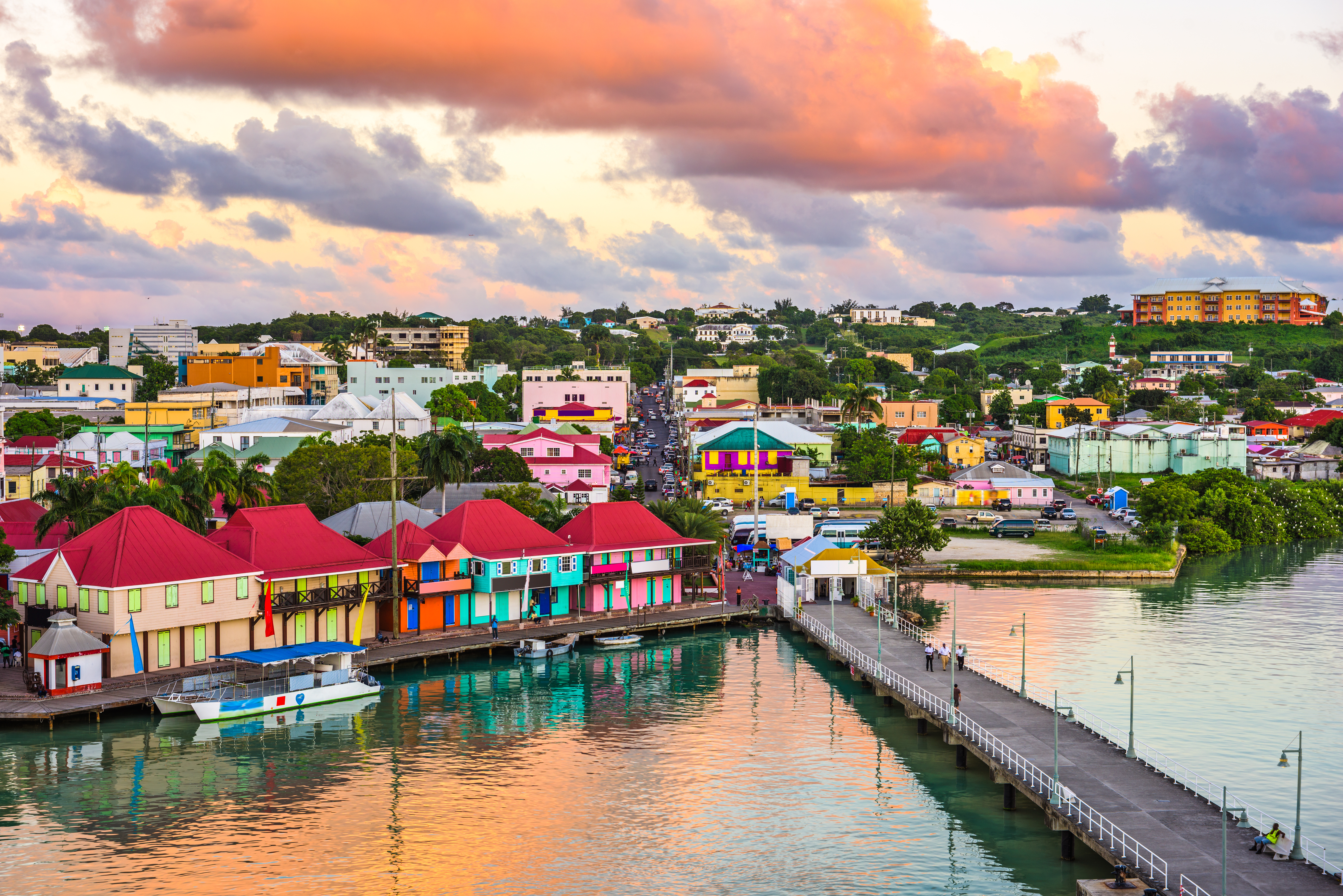 Colourful buildings at dusk at St Johns Dock in Antigua