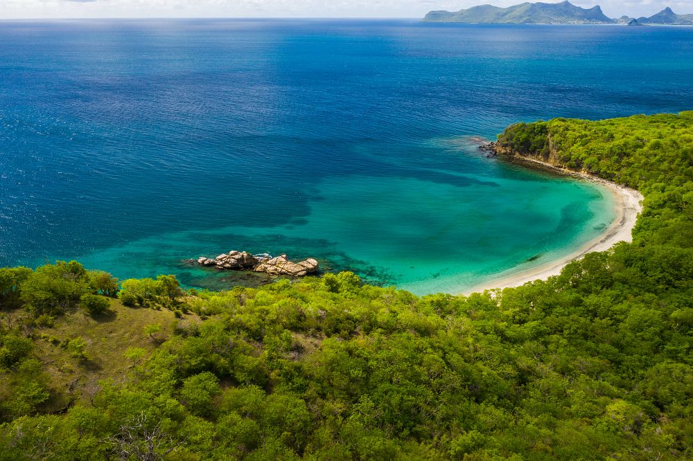 Aerial view of a curved tropical beach with turquoise water, white sand, backed by dense forest