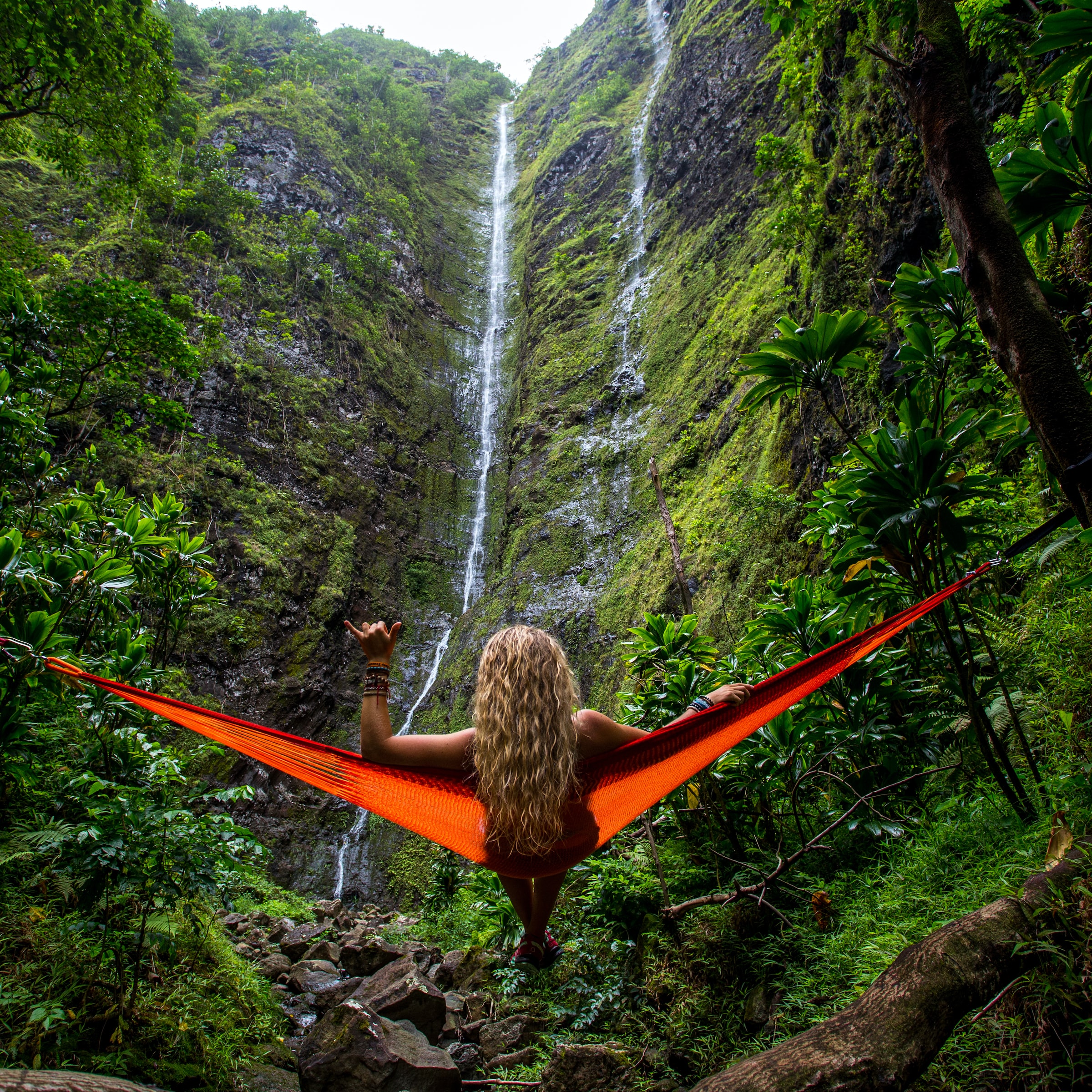 A woman laying on a hammock in the middle of green flora and fauna