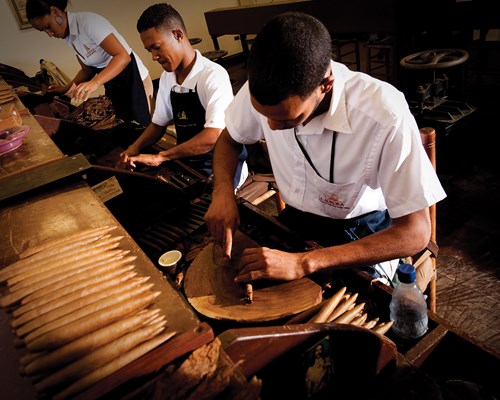 People rolling cigars at a tour in the Dominican Republic