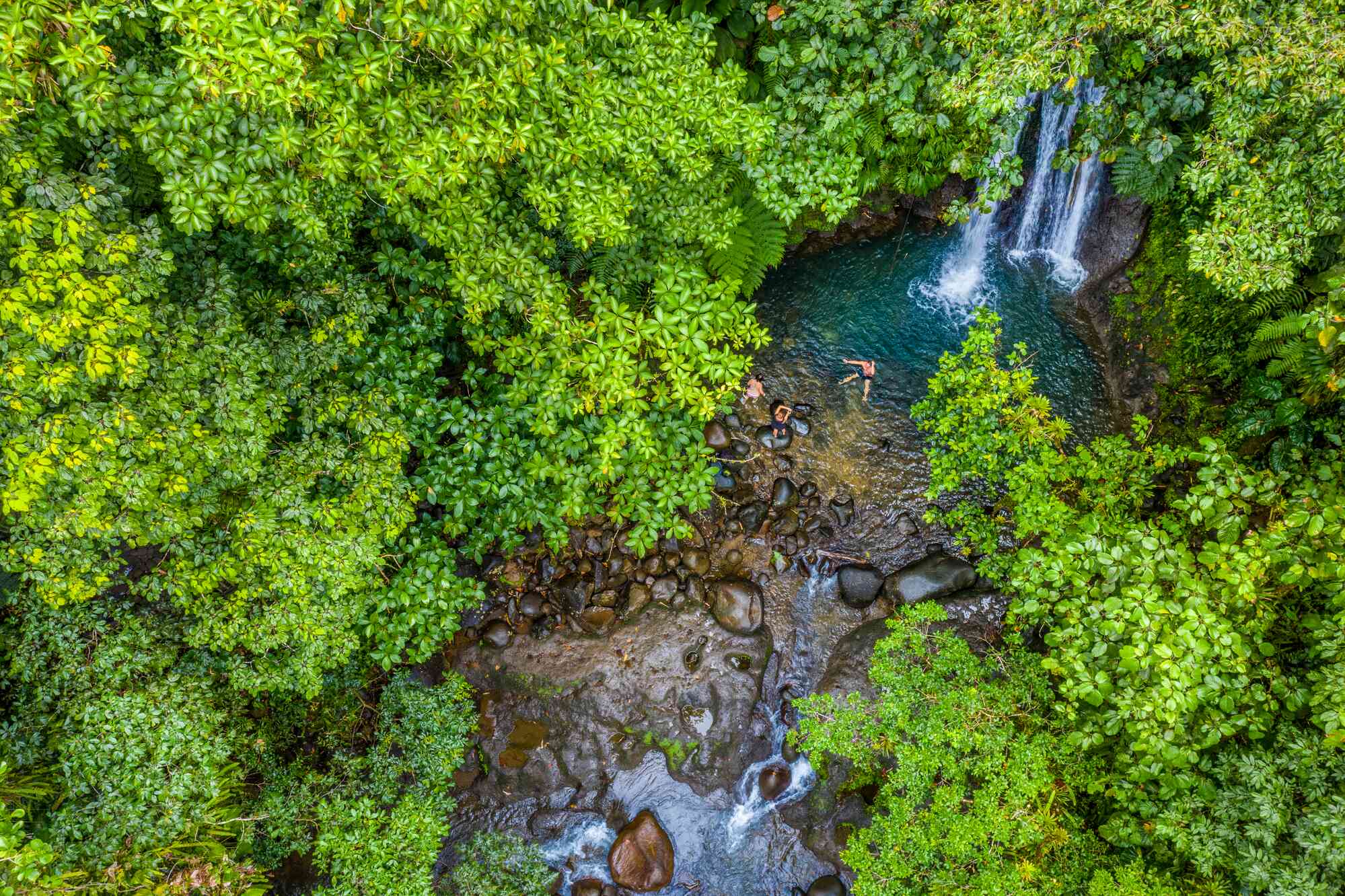 Aerial view of people sitting in the natural pool at the bottom of a small waterfall in a rainforest