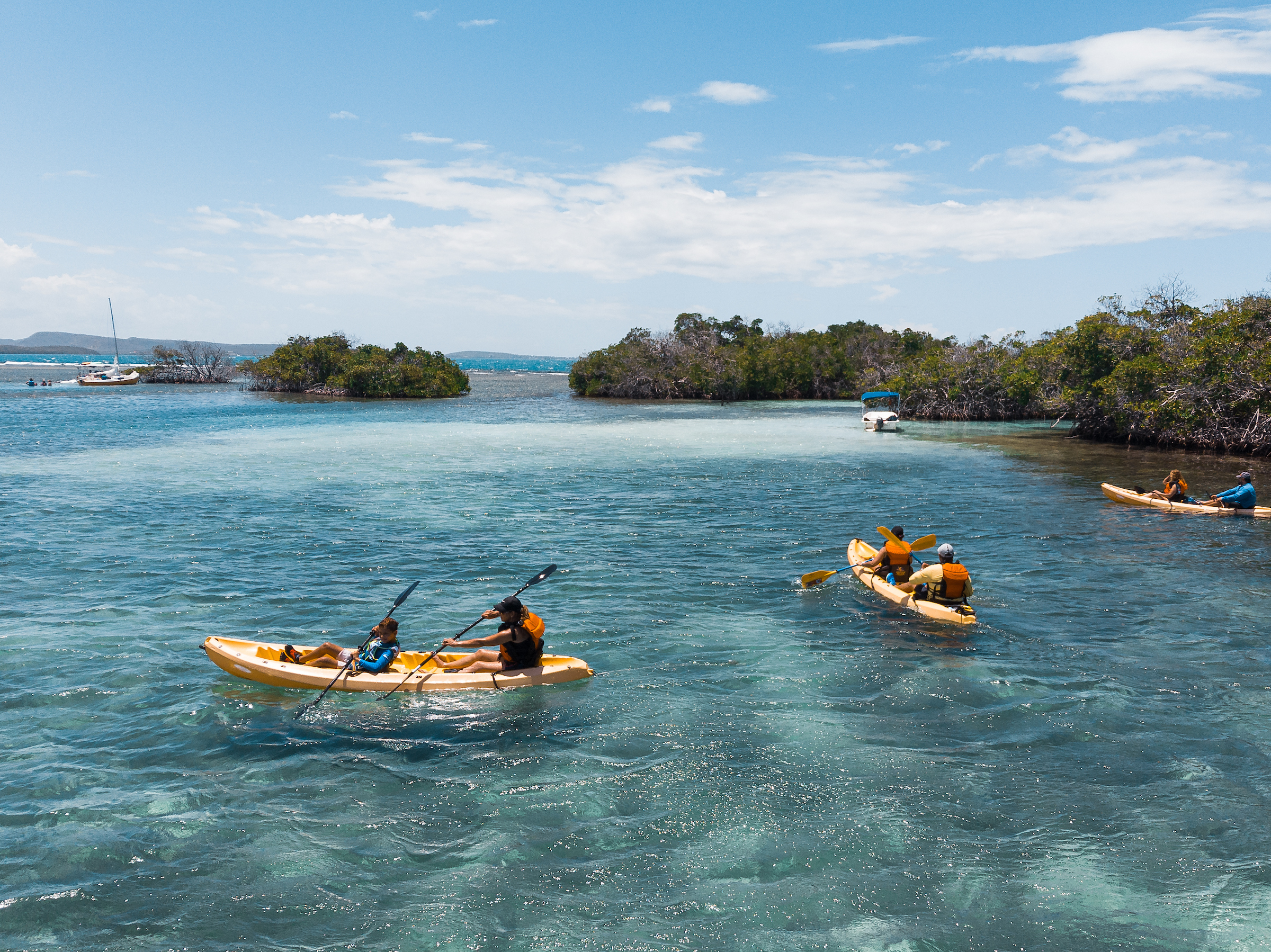 People kayaking in teal ocean with boats in background
