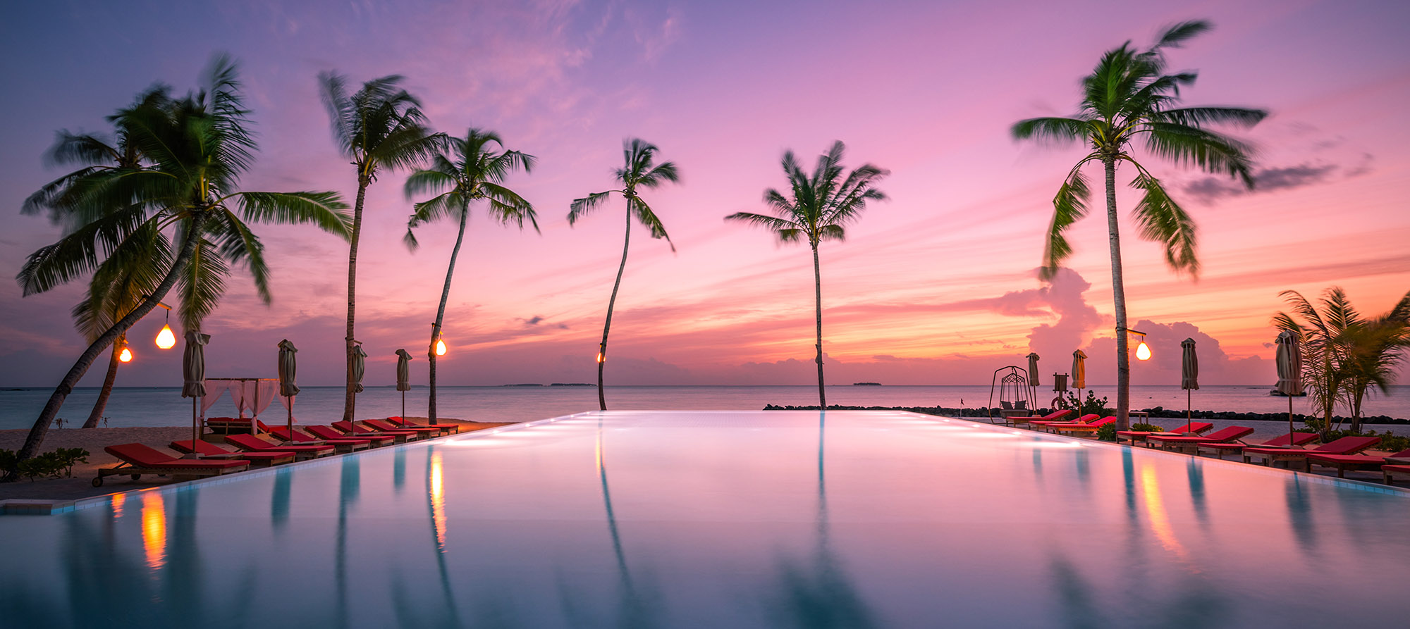 Beautiful beach resort pool with pink sunset sky and palm trees silhouette