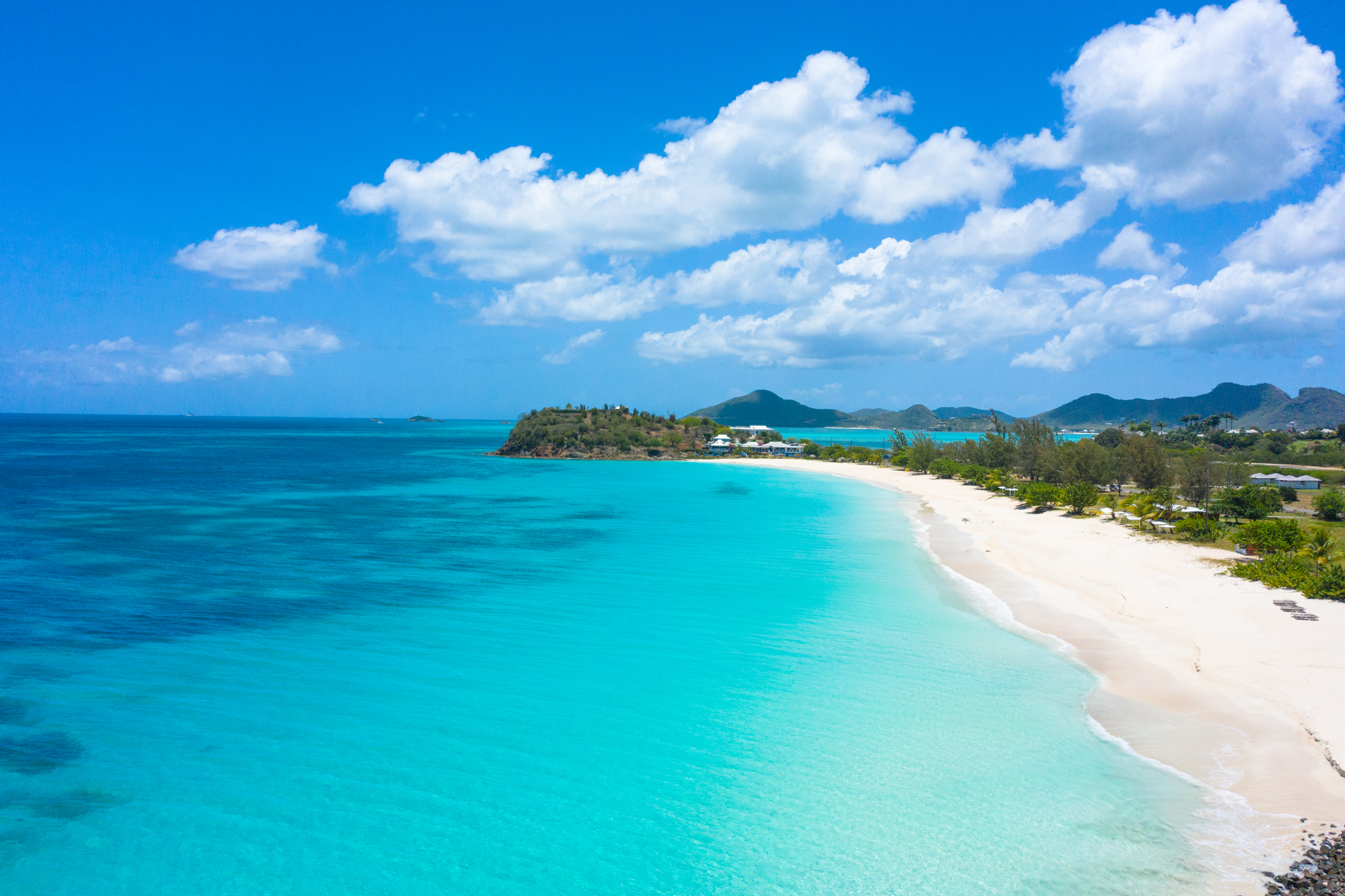 Aerial view of tropical Ffryes Beach in Antigua