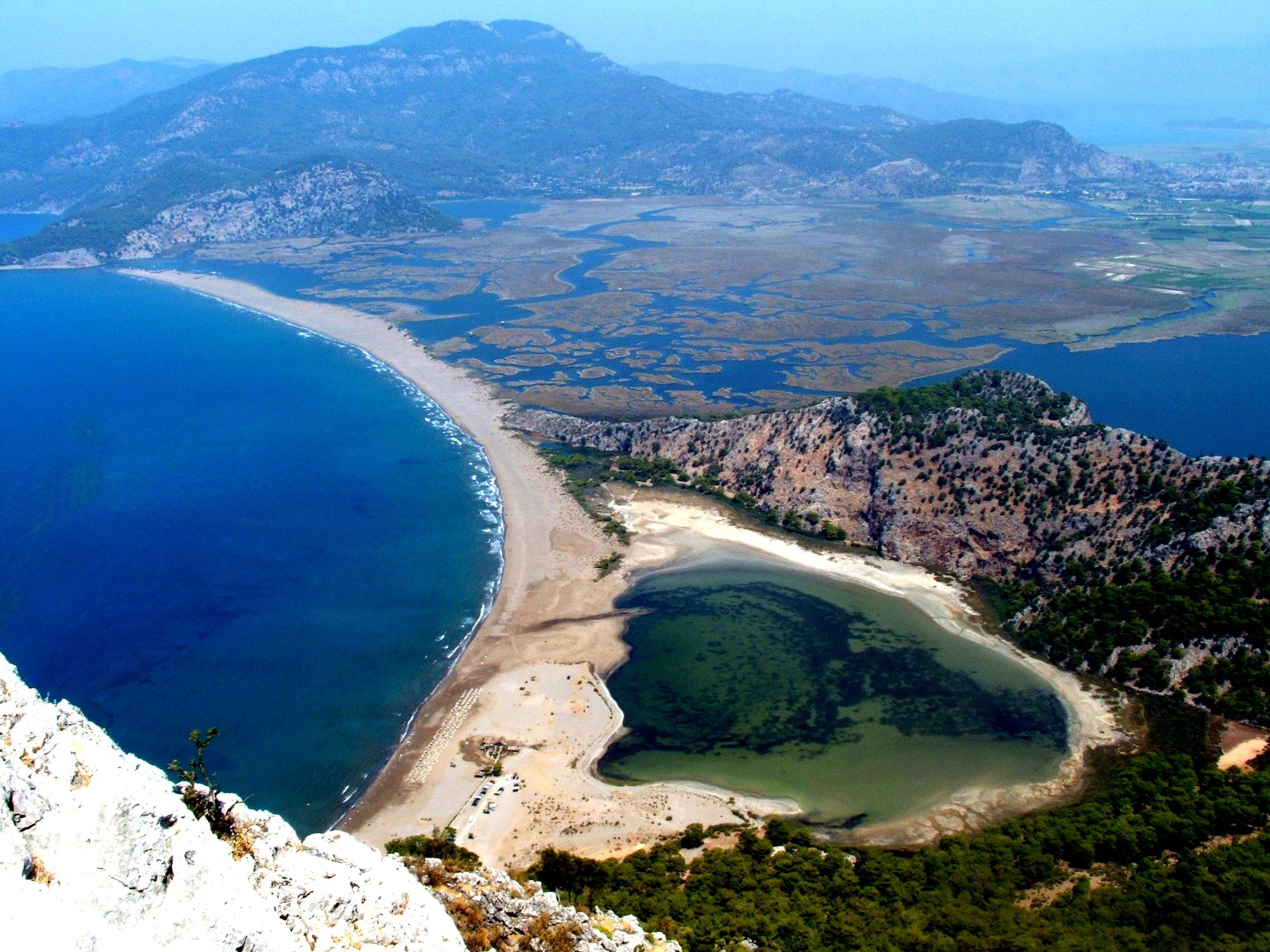 An aerial shot of Iztuzu Beach and a natural lagoon 