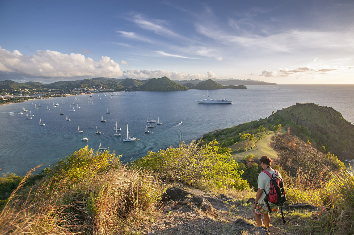 View of sailing yachts anchored in Rodney Bay from a hill on the tropical island of St Lucia