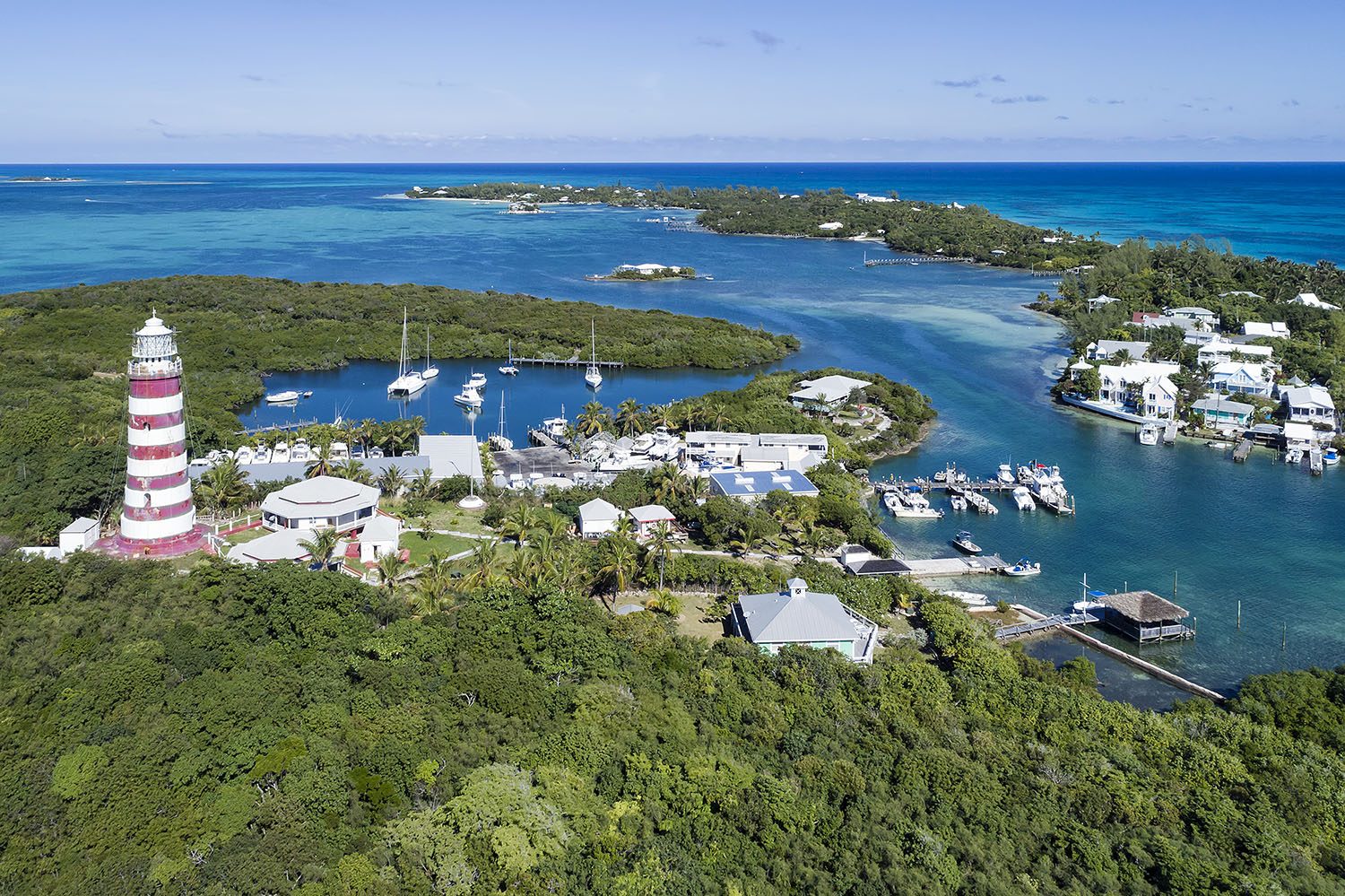 Aerial view of Hope Town Lighthouse and Elbow Cay
