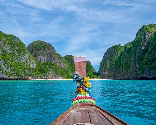 Picturesque views of lush mountains on a boat