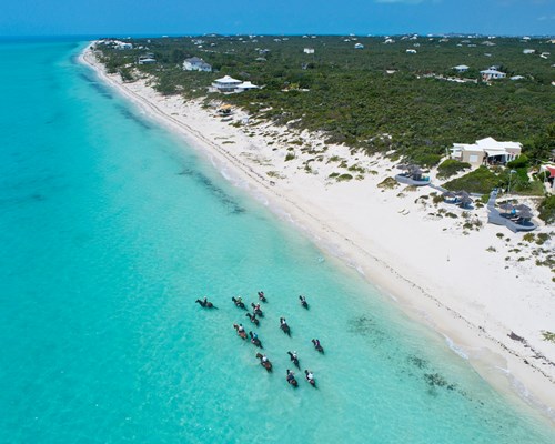 Group of people on a horse riding tour through the shallow sea in Turks And Caicos