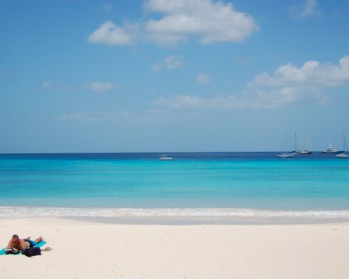 Man laying on blue towel on tropical beach