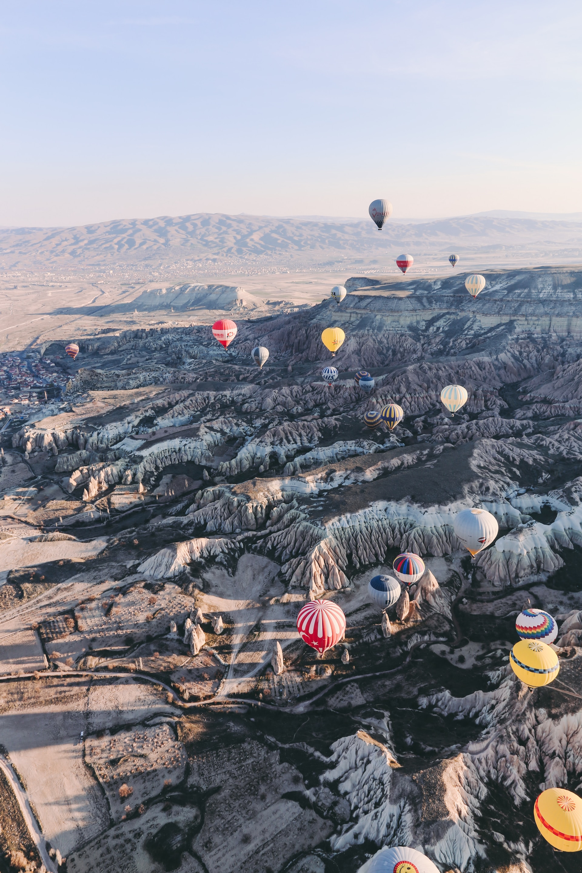 Aerial view of colourful hot air balloons