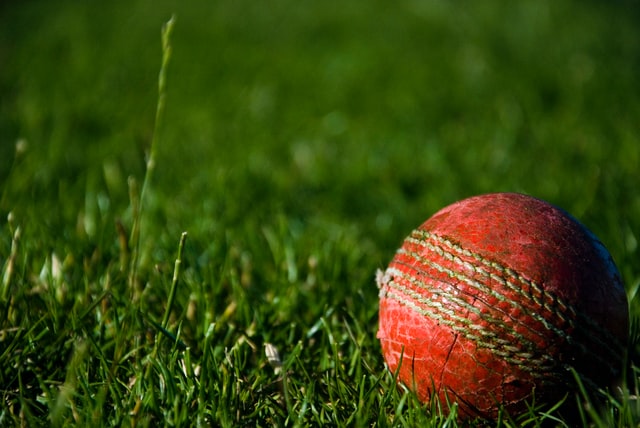 Close up of red cricket ball in grass