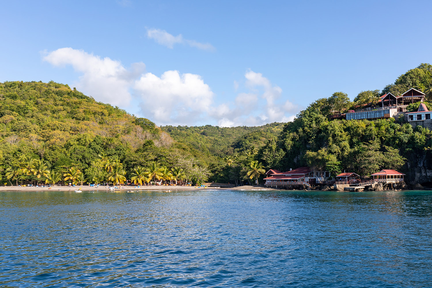 View of tropical dark sand beach barked by forests