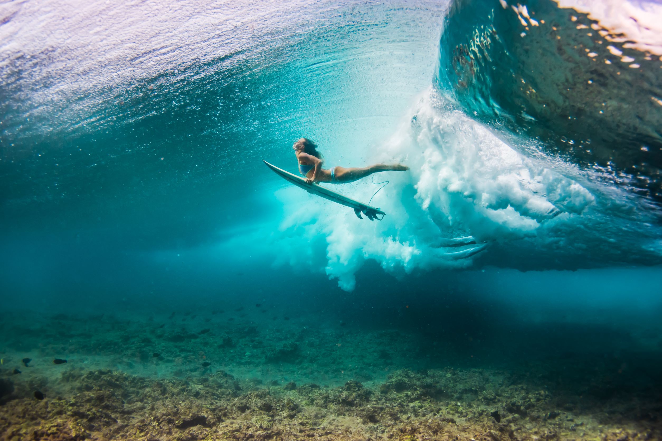 A woman diving with a surfboard underwater