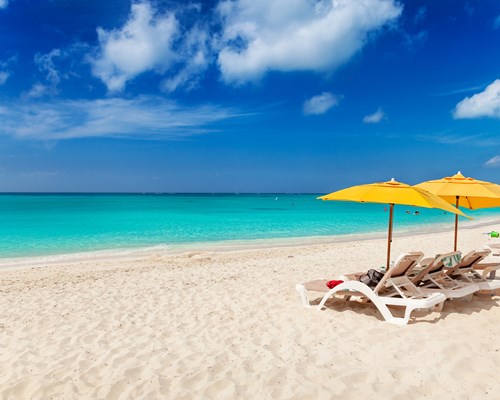 White deckchairs with yellow sun umbrellas on Grace Bay
