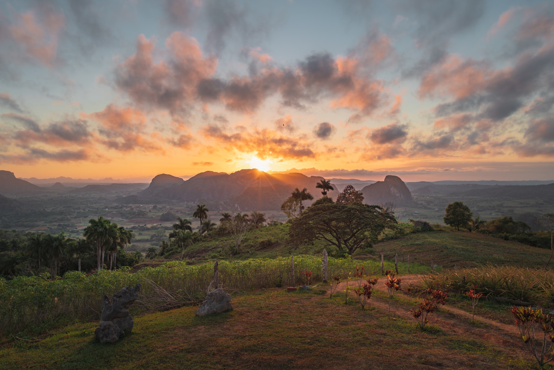 Sunset over mountains in the middle of a jungle