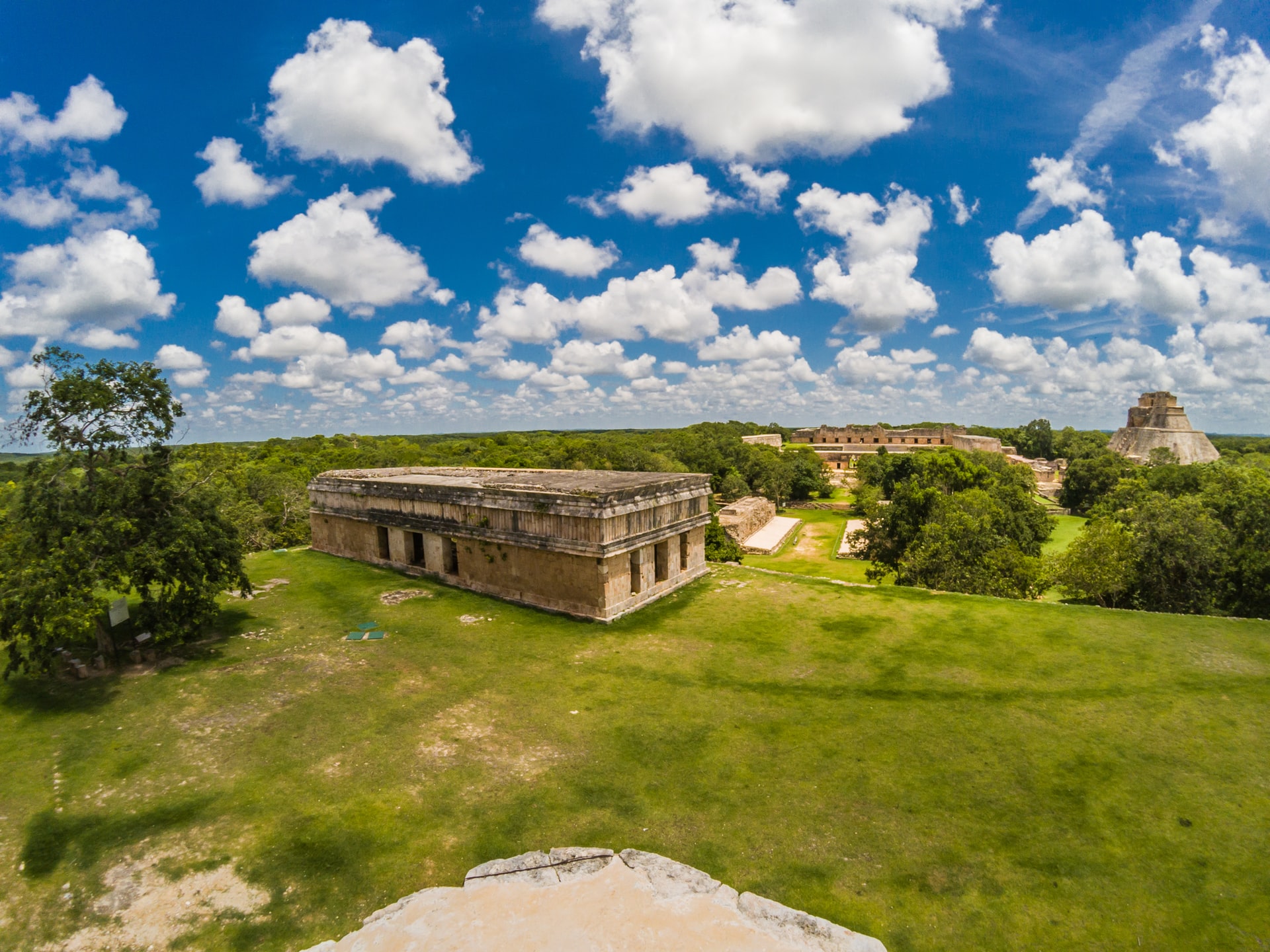 Several ruins of stone temples surround by grass and forest 