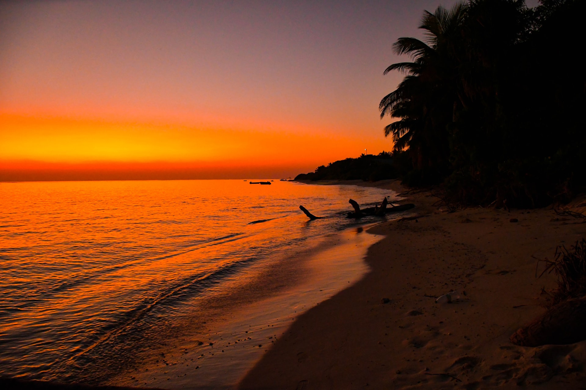 Picturesque sunset of reds and orange hues on the shore