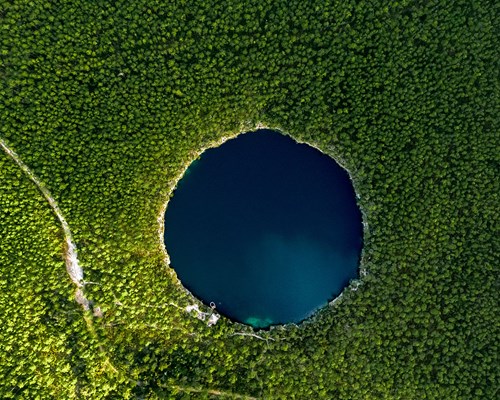 Circular body of water surrounded by a forest