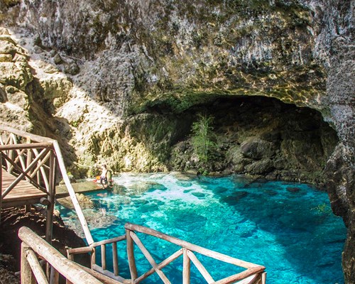 A bright blue natural pool at Scape Park in the Dominican Republic