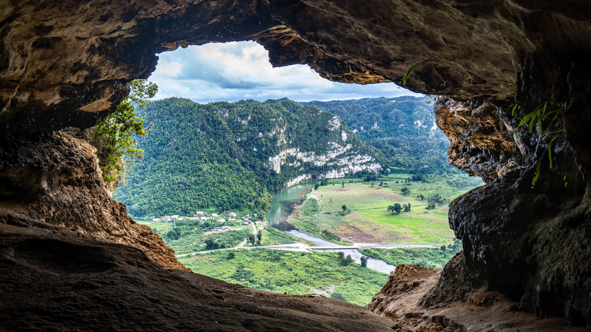 Beautiful view of rainforest through a cave opening in Puerto Rico