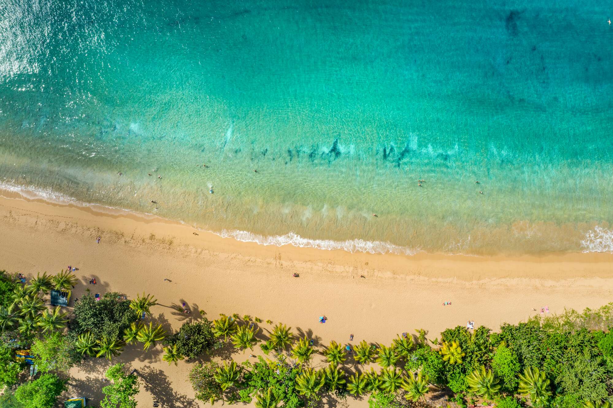 Aerial view of empty golden sand beach and bright blue sea