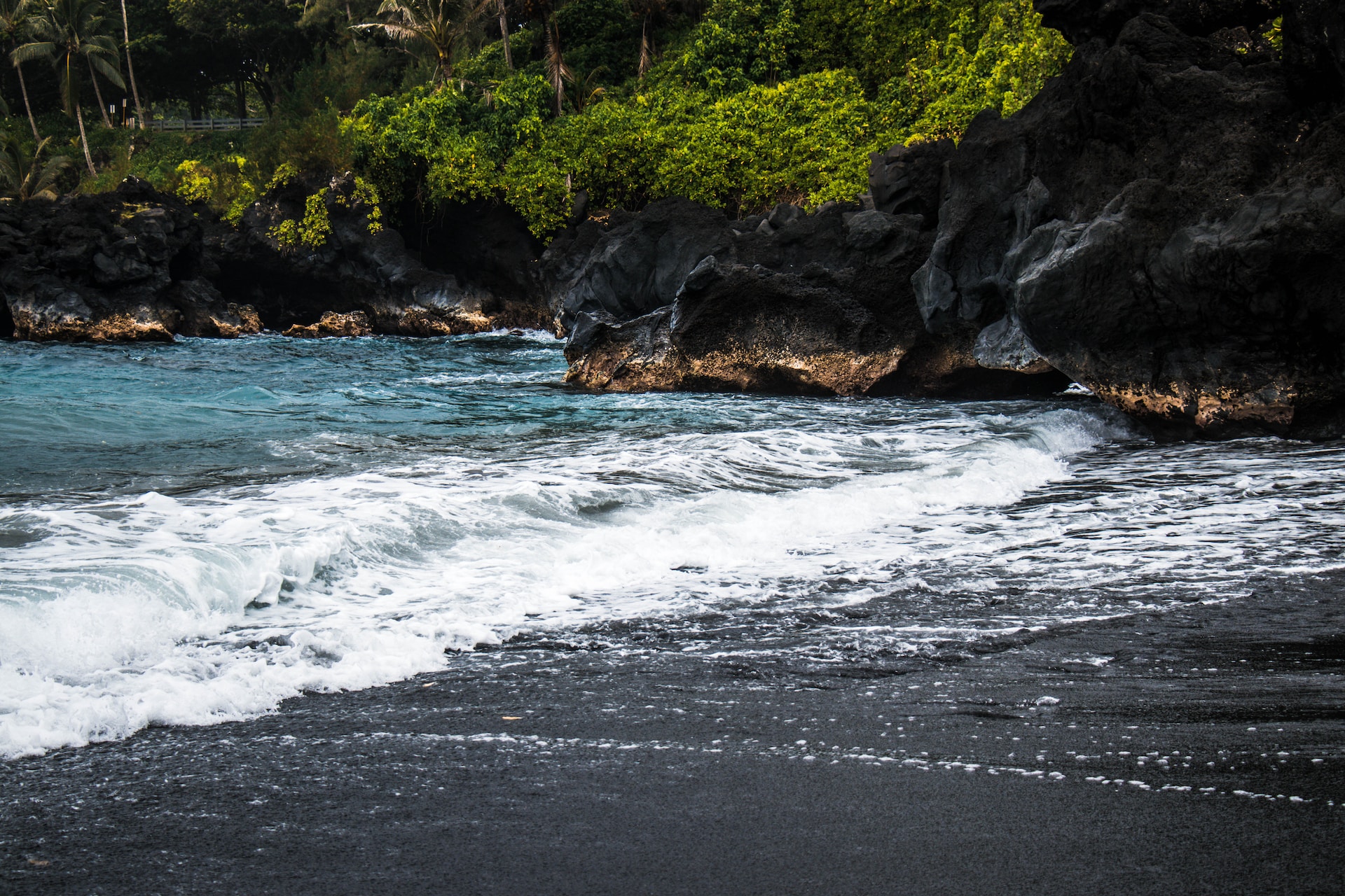 Dark-sanded beach with lush greenery