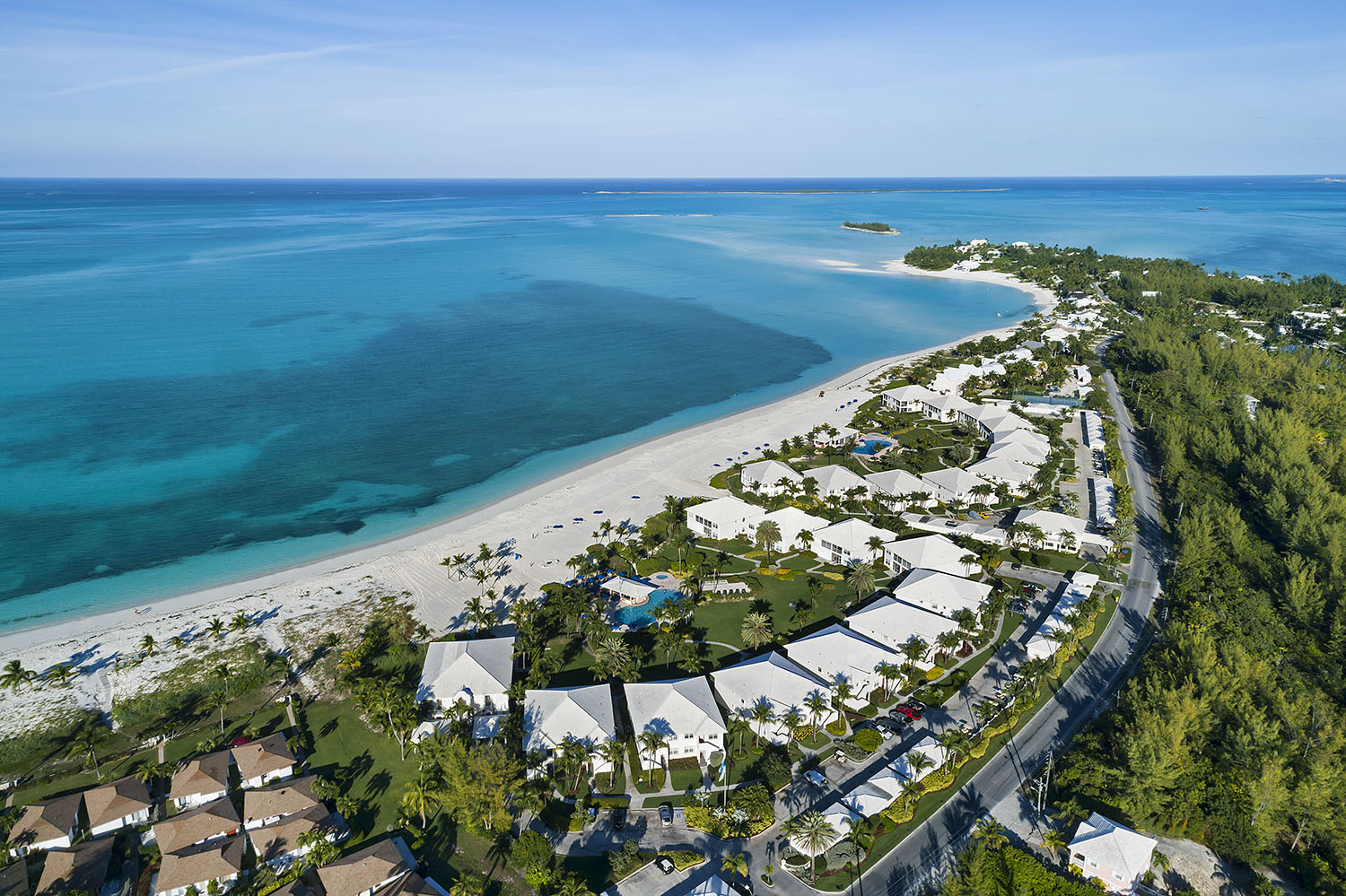 Aerial view of Treasure Cay beach and hotels