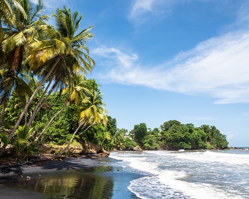 Waves crashing on a black sand tropical beach