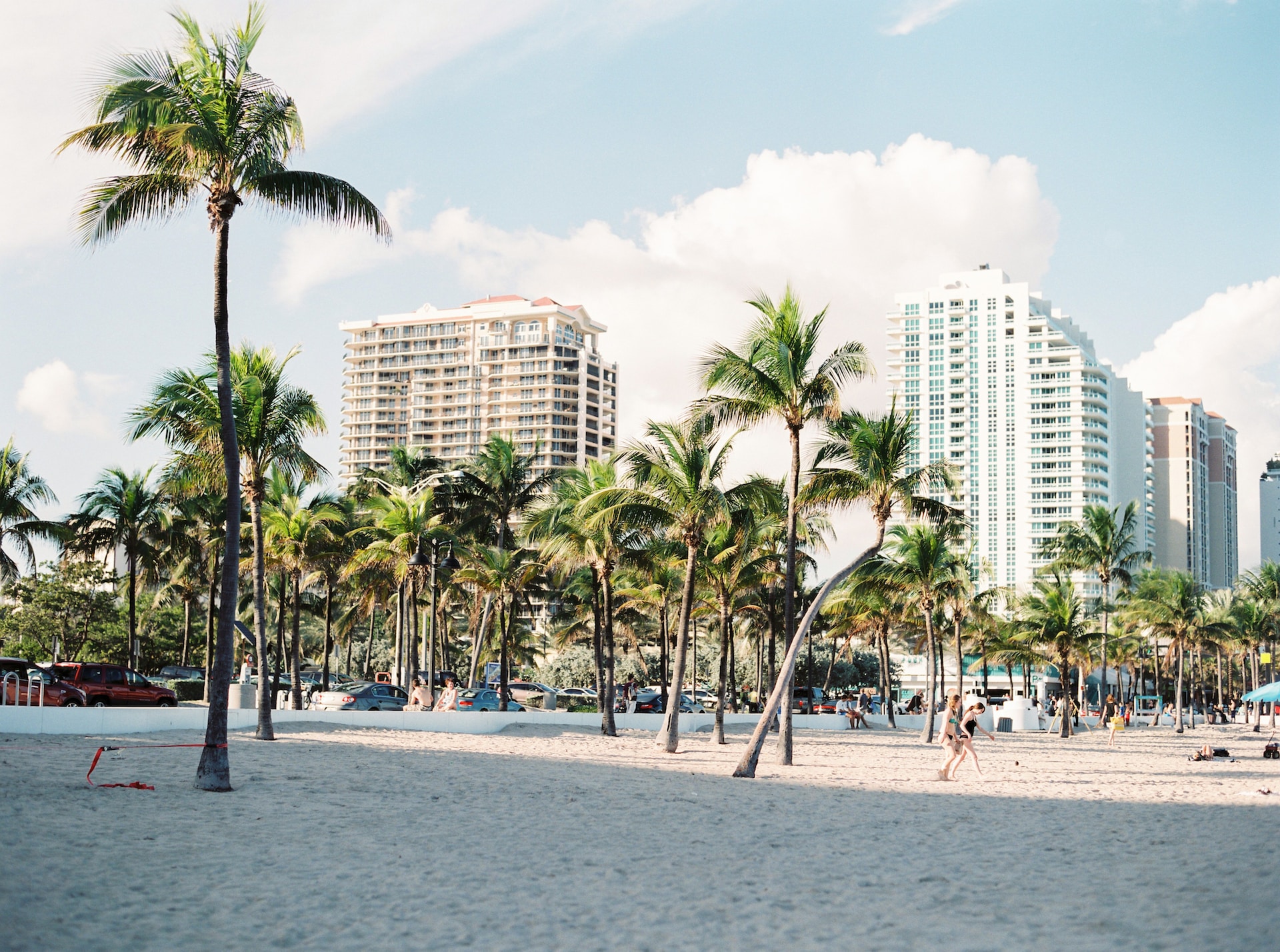 Tall palm trees on the beach with hotel buildings in the background